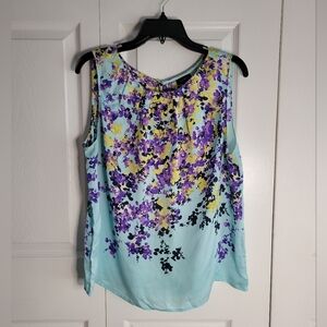 100% Silk Talbots Shell Floral Sleeveless Top - Purple, Blue, Navy & Yellow.